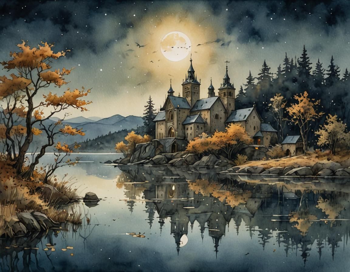Monastery by Lake in Autumn Night, Watercolor Painting
