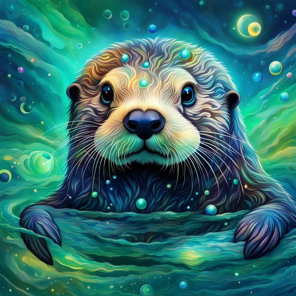 Cosmic Sea Otter with Holographic Fur Illustration