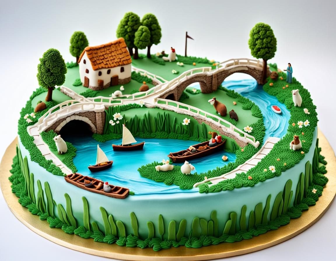 Detailed Countryside Birthday Cake with Aqueduct and Animals