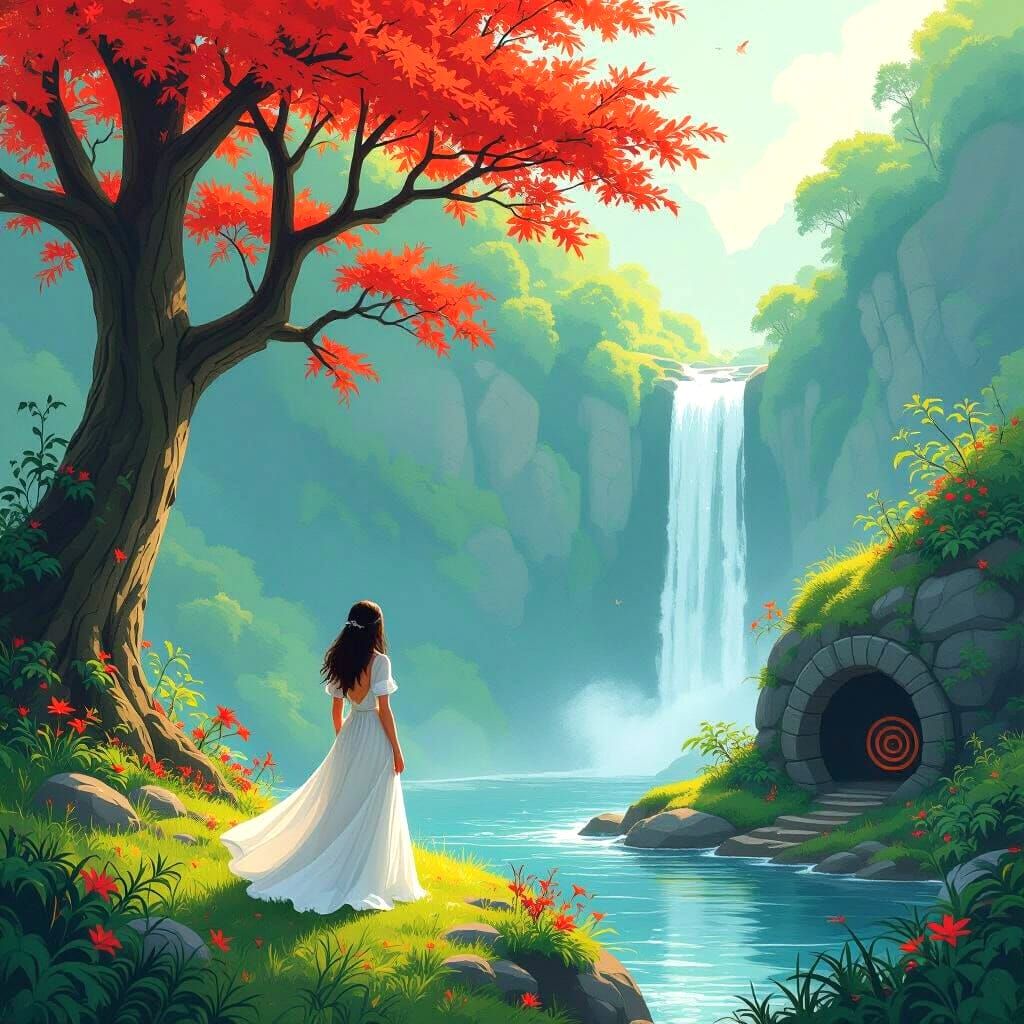 Lush Waterfall Landscape with Viewing Woman