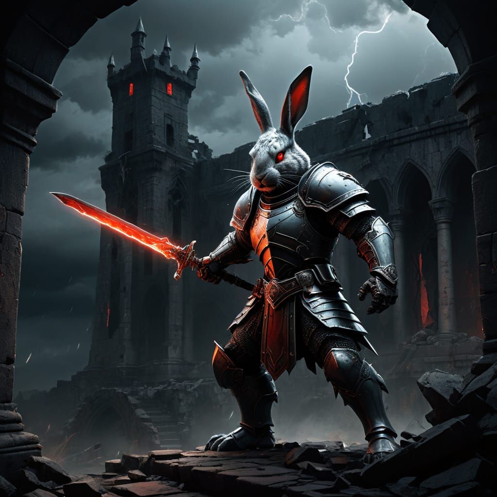 Armored Rabbit Knight Defends Mystical Portal in Ruined Cast...