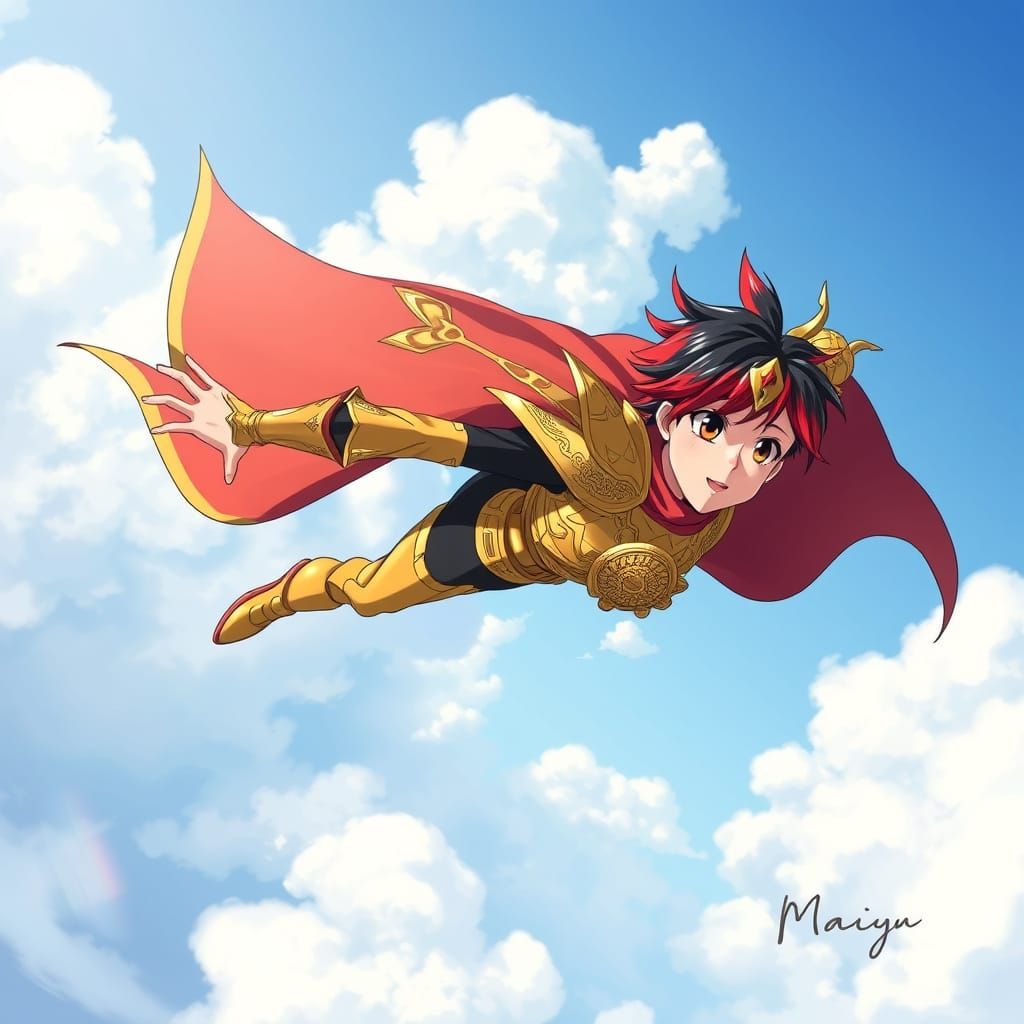 Anime-Style Hero Soars Through the Sky in Vibrant Gold Armor