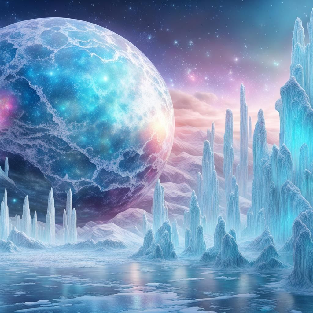 Cosmic Ice Planet with Crystals, Holographic Illustration
