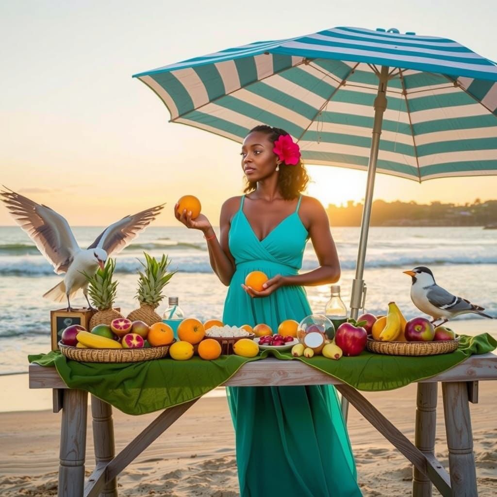 Coastal Fruit Stand Featuring Woman in Teal Dress