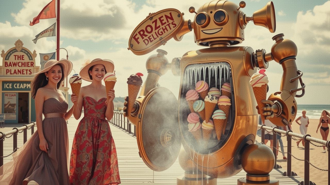 Victorian Seaside Pier with Robot and Ice Cream