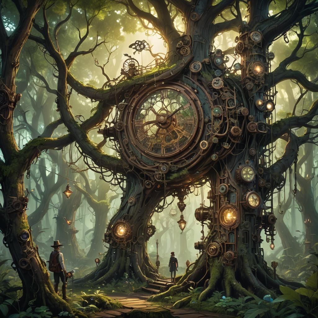 Steampunk Forest Explorer Encounters Mechanical Grove