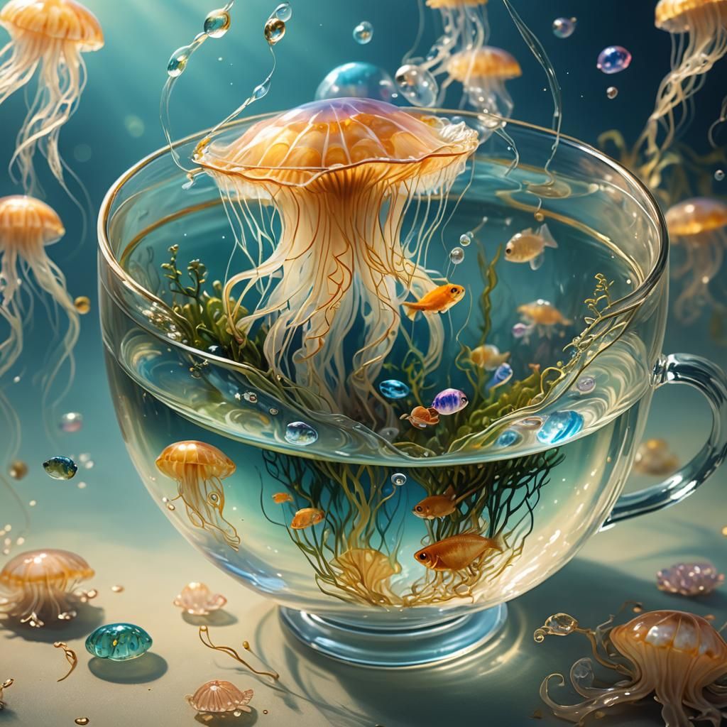 Underwater Teacup: A Surreal Oil Painting