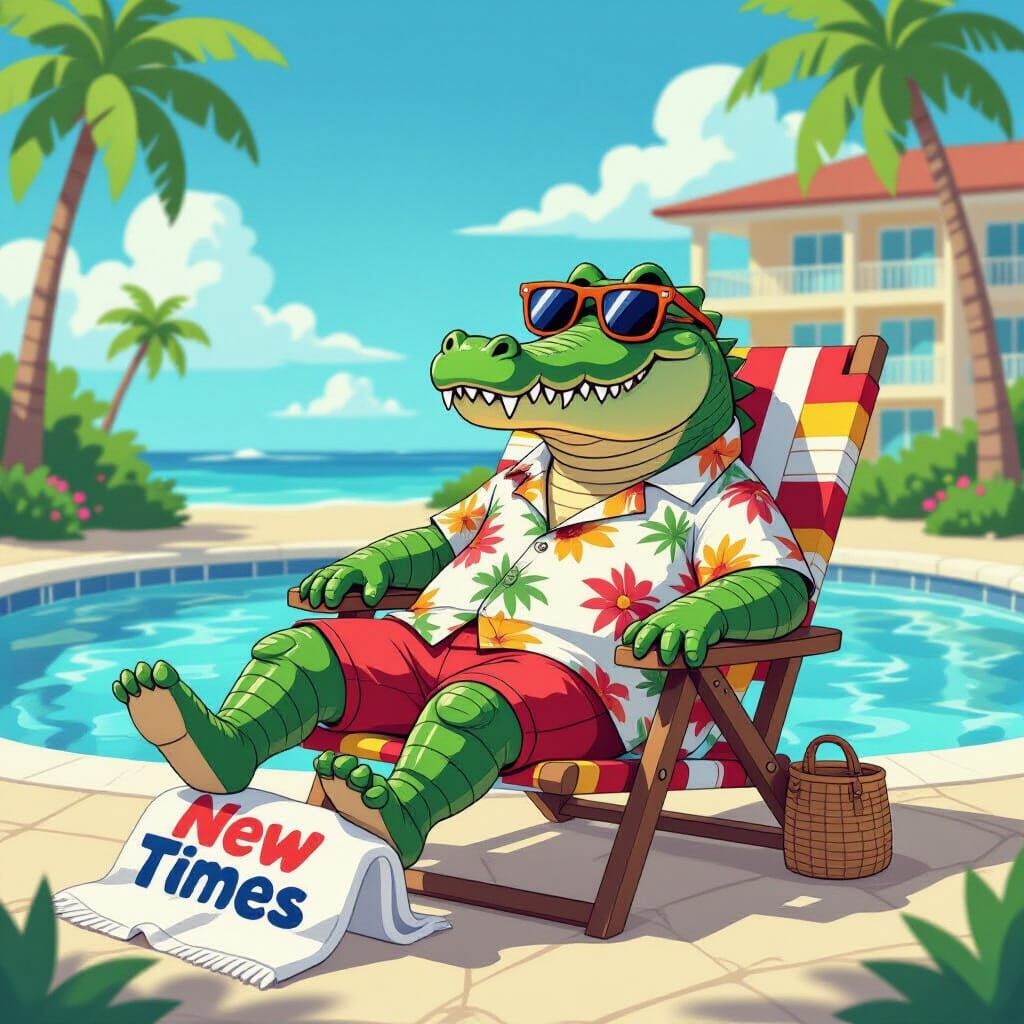 Alligator Lounging by Pool in Cartoon Style