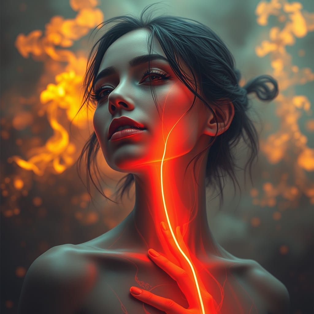 Ethereal Woman Portrait with Glowing Red Line