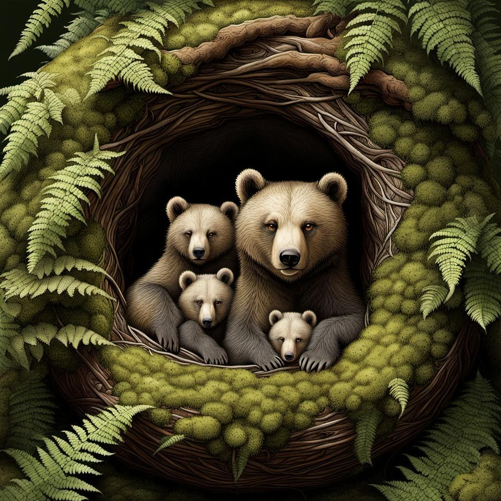 Cozy Bear Family in Mossy Den