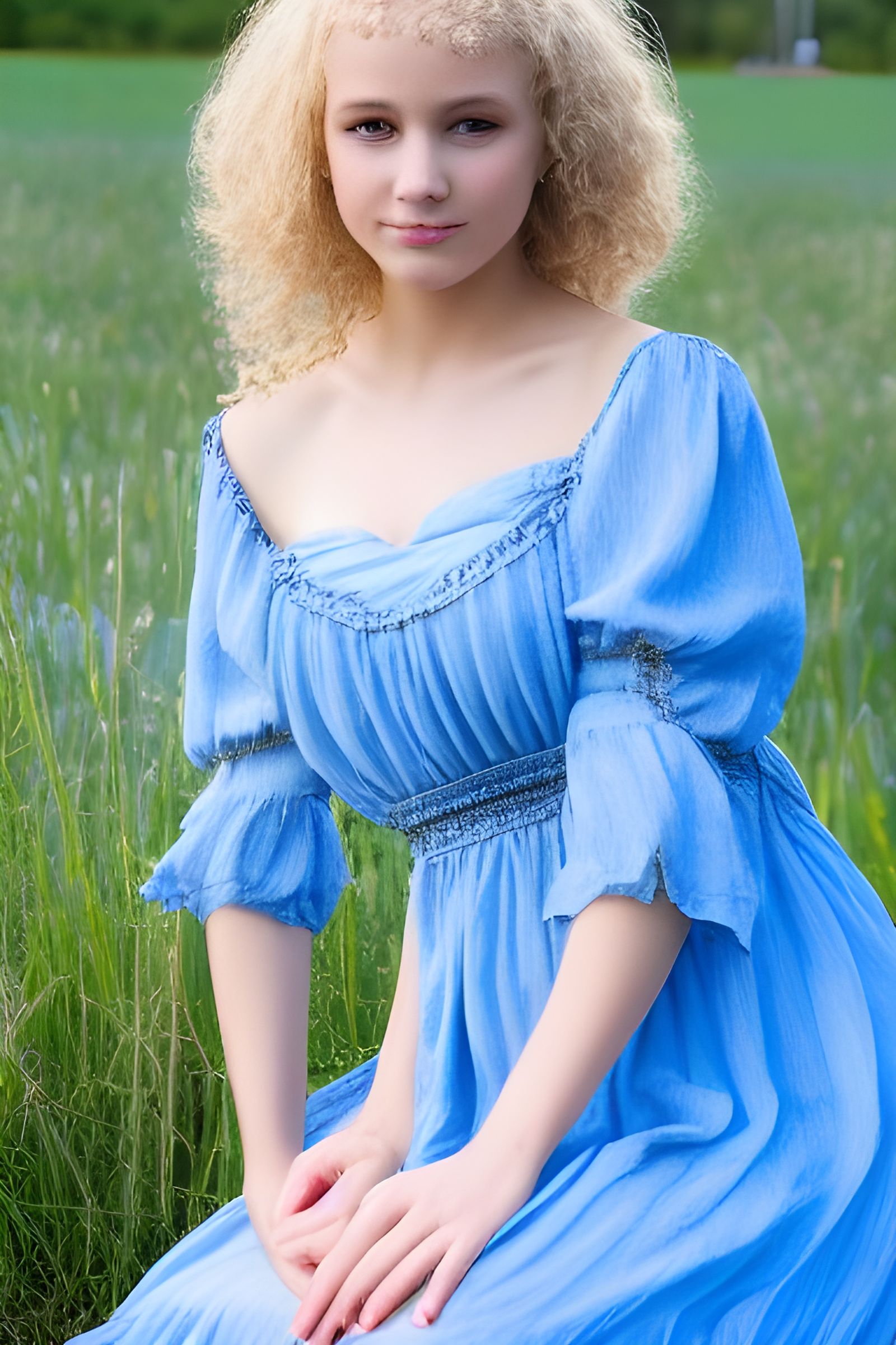 Beautiful Peasant Girl in Blue Dress on Farm