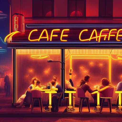 Night Cafe Scene in Detailed Matte Painting Style