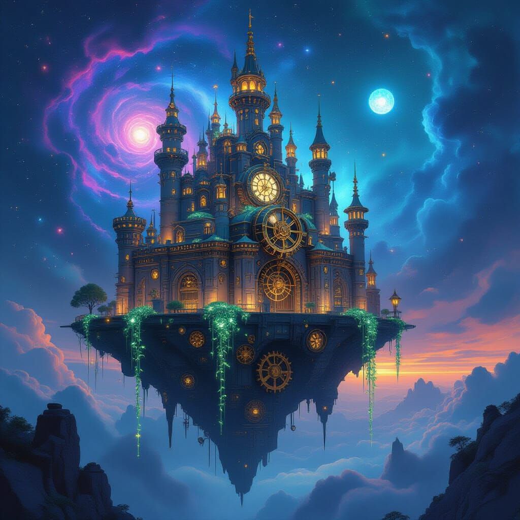 Steampunk Clockwork Castle on Cosmic Floating Island