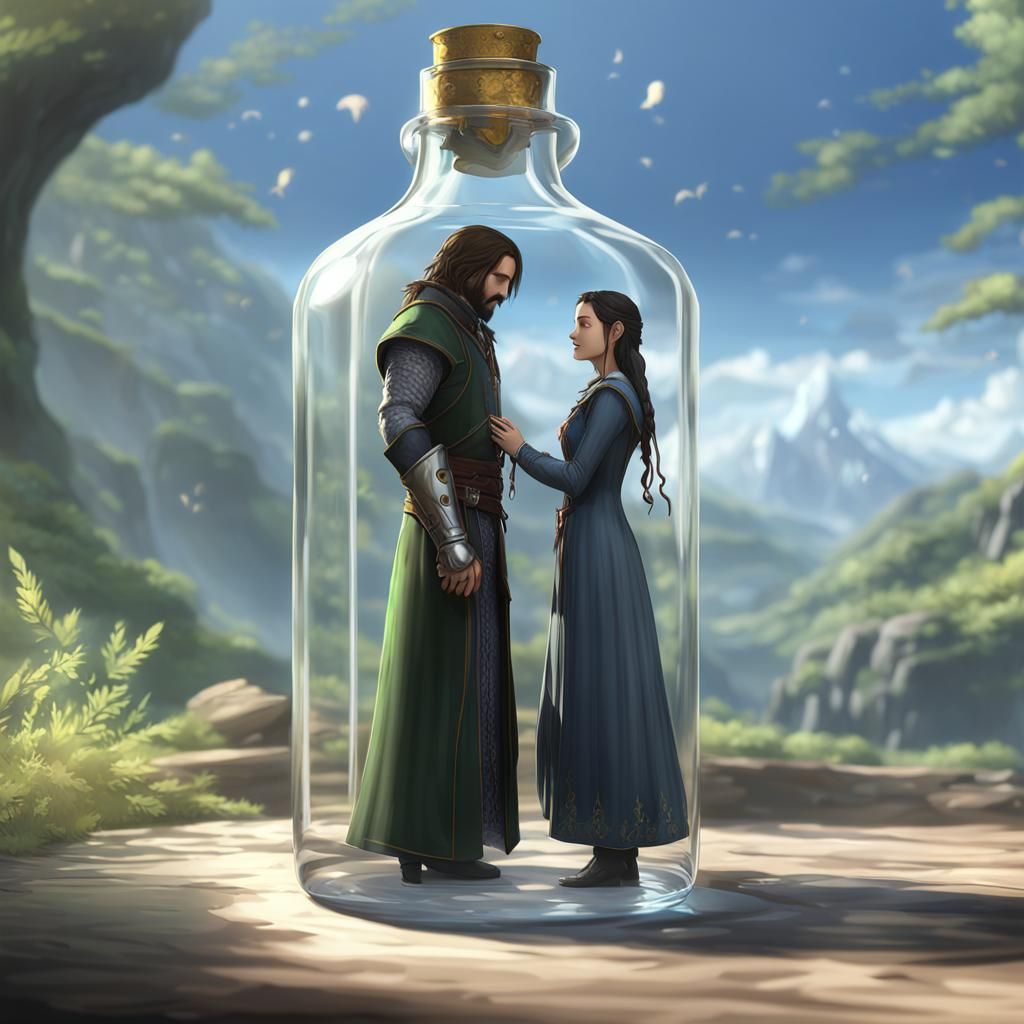 Aragorn and Arwen in Glass Bottle, 3D Anime Art