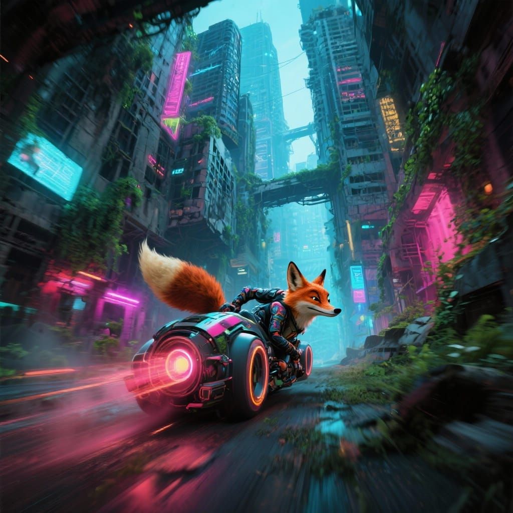 Futuristic Turbo Fox Races Through City Ruins