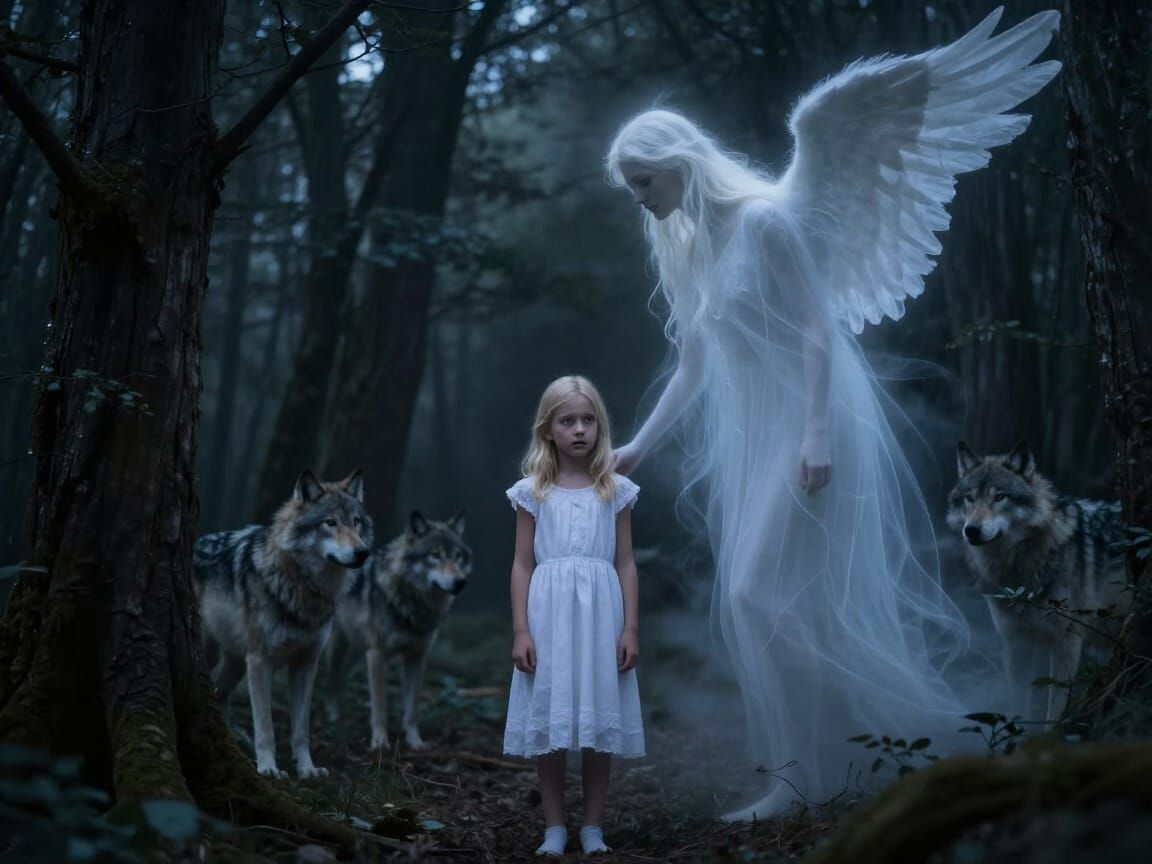 Lost Girl Guarded by Angel in Dark Forest