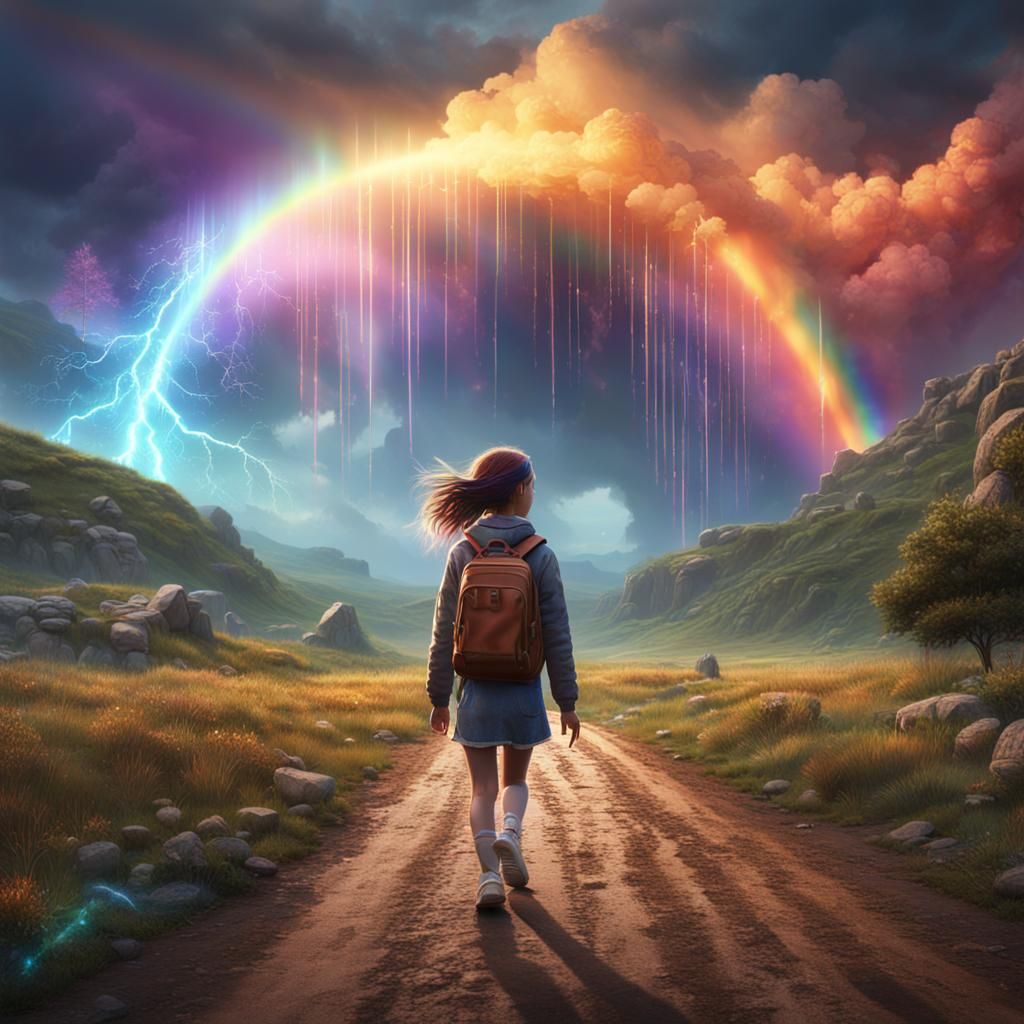 Girl Walks with Rainbow Lightning: Matte Painting