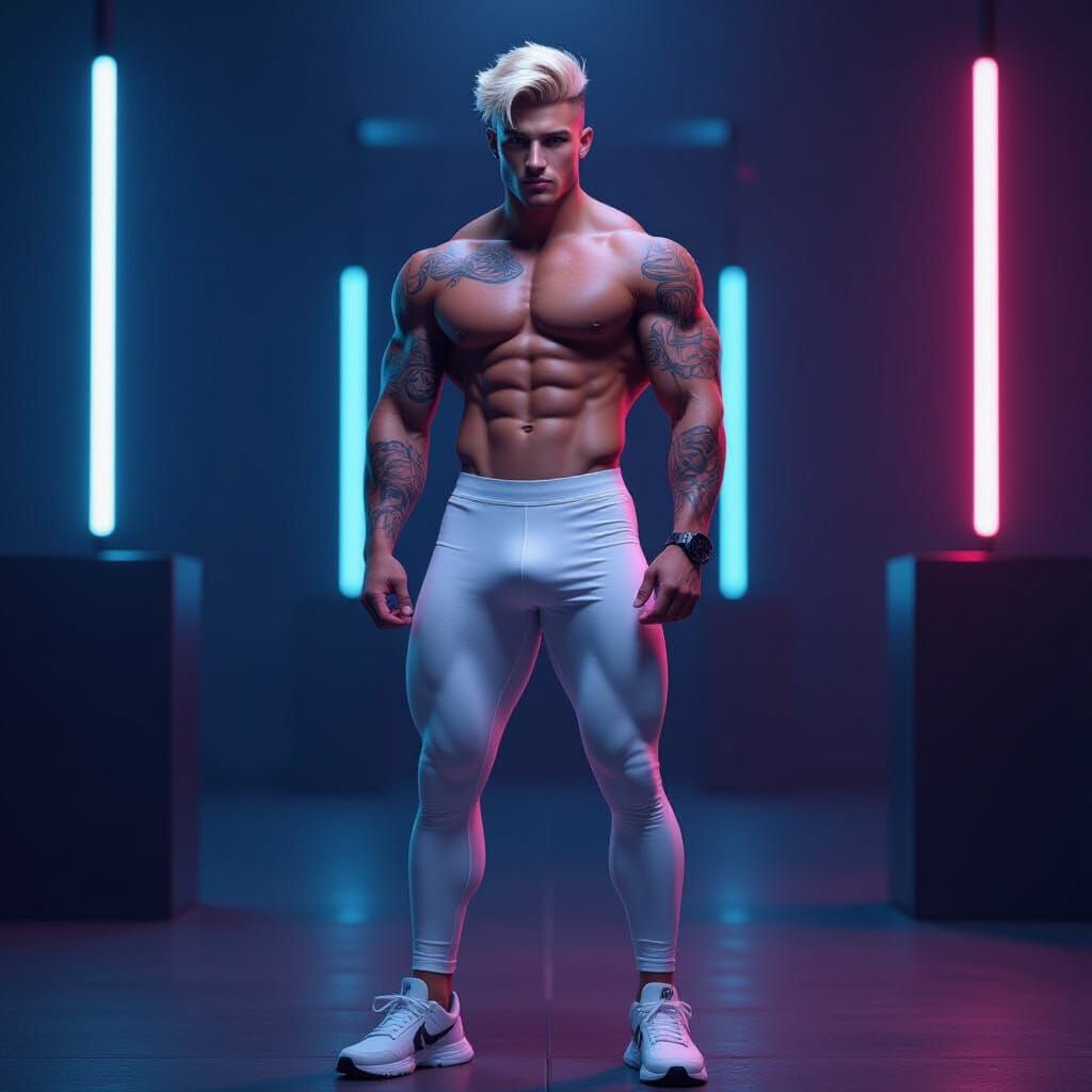 Hyperrealistic Muscular Man in Dimly Lit Room