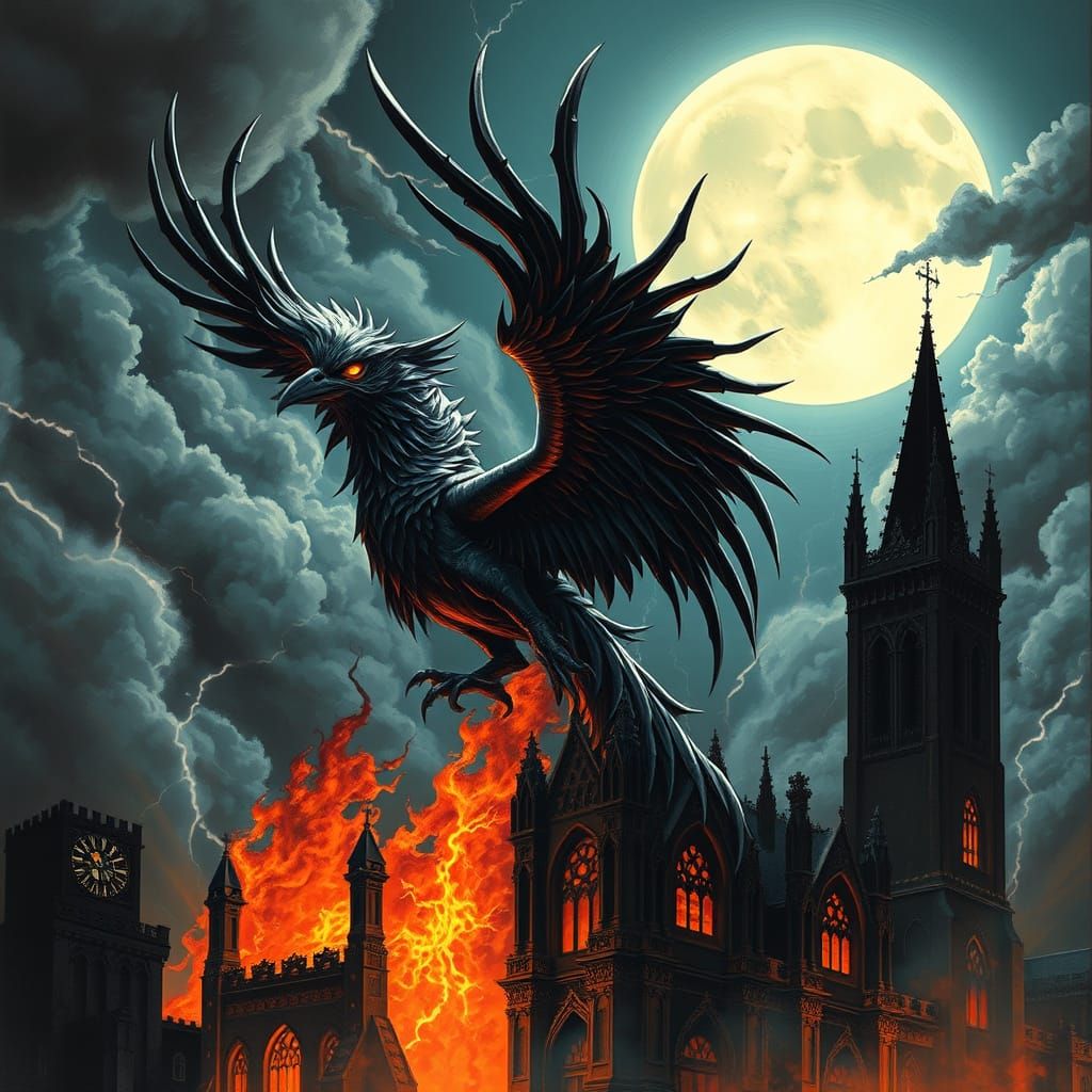 Gothic Metal Phoenix Rising from Burning Cathedral
