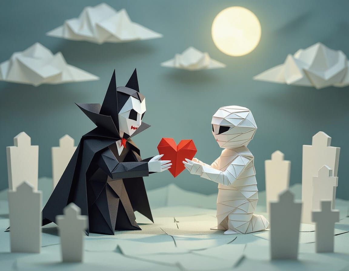 Origami Vampire Offers Heart to Mummy in Paper Graveyard
