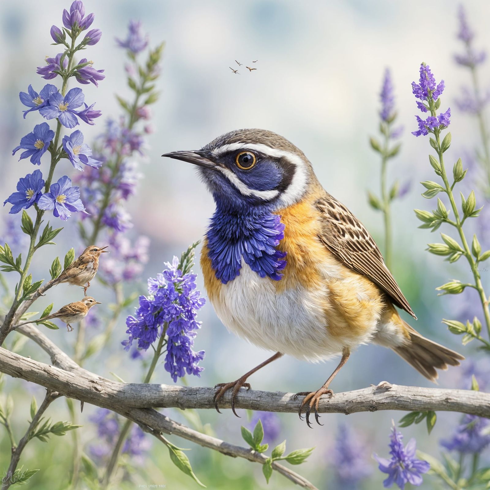 Watercolor Lark with Larkspur Flowers