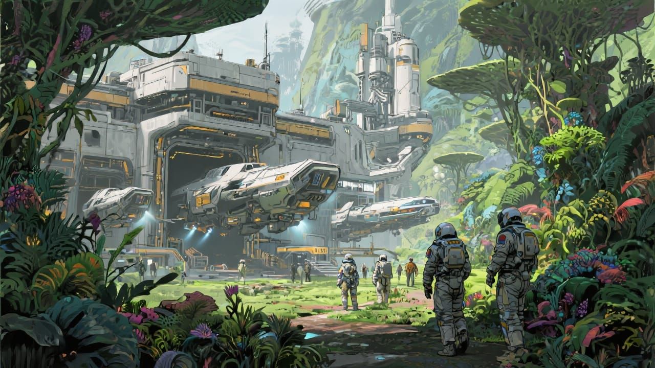 Lush Alien Jungle Colony in Retro-Futuristic Style