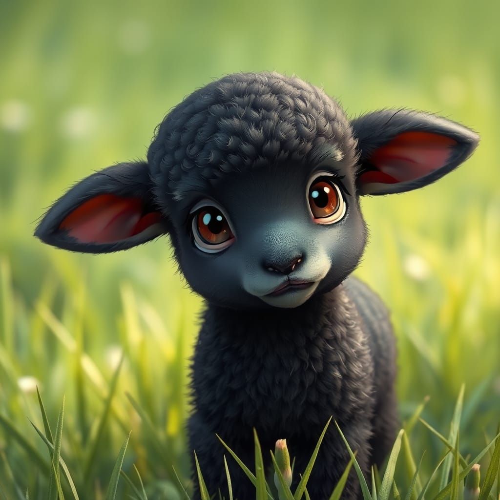 Worried Black Lamb in Meadow, Whimsical Realism