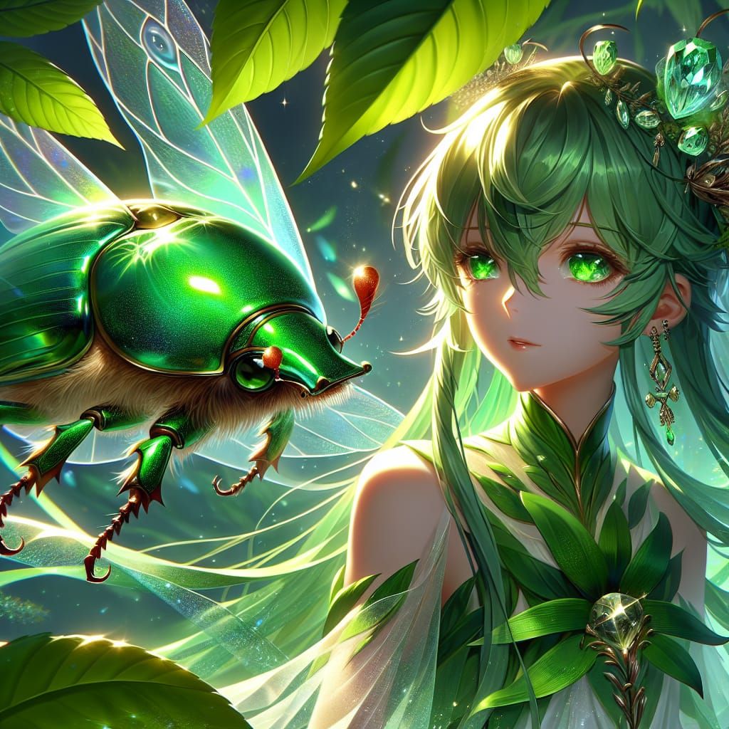 Anime Fairy Girl Gazing at Emerald Beetle