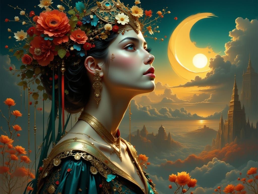 Woman Gazing at Fire Sky in Art Nouveau Style