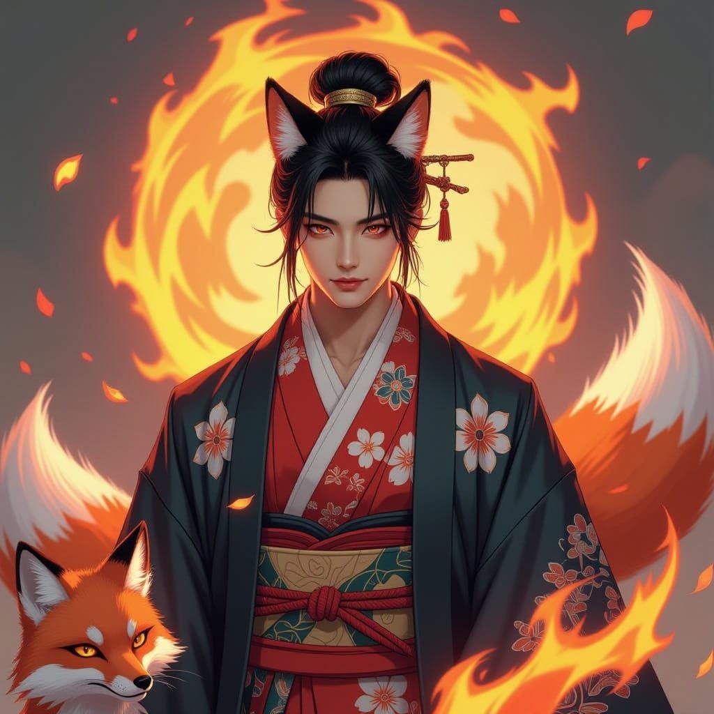 Kitsune BTS Idol in Traditional Japanese Attire Manga Style