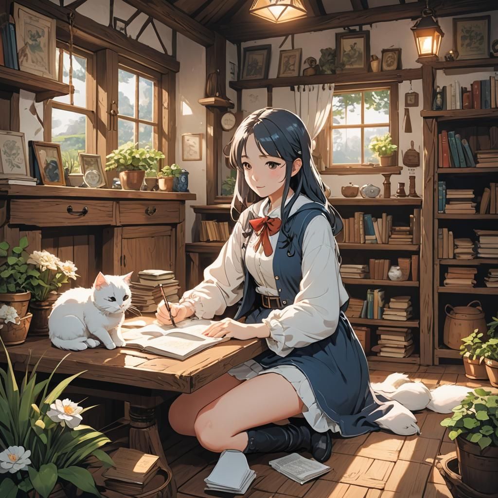Girl Studying with Cat in Anime Style