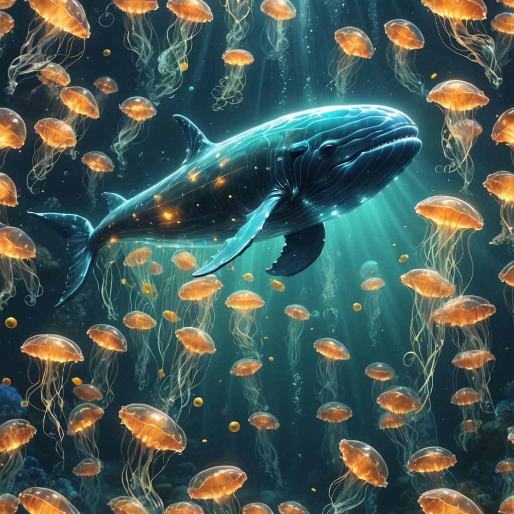 Glowing Glass Whale in Bioluminescent Ocean