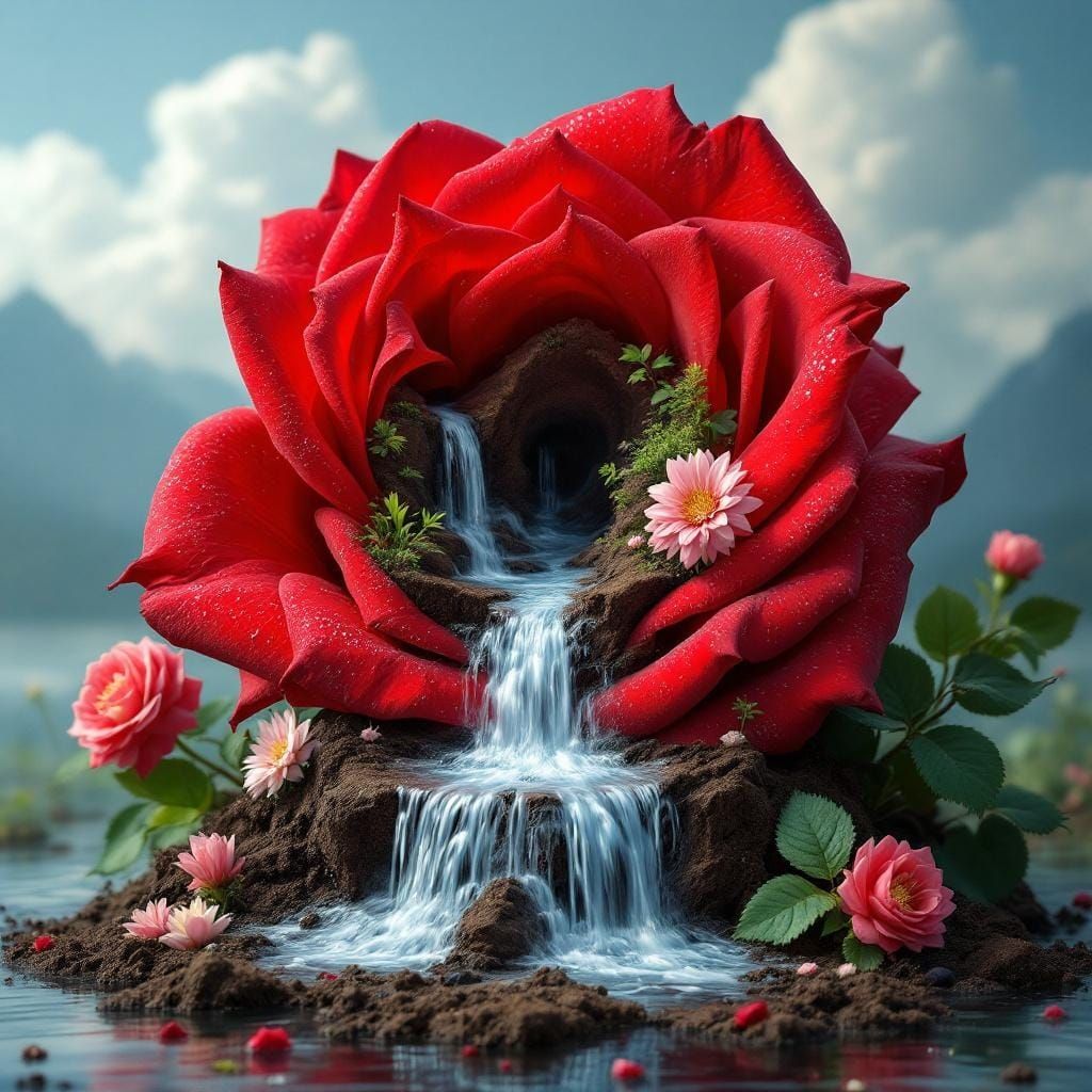 Magical Waterfall Flows From a Red Rose