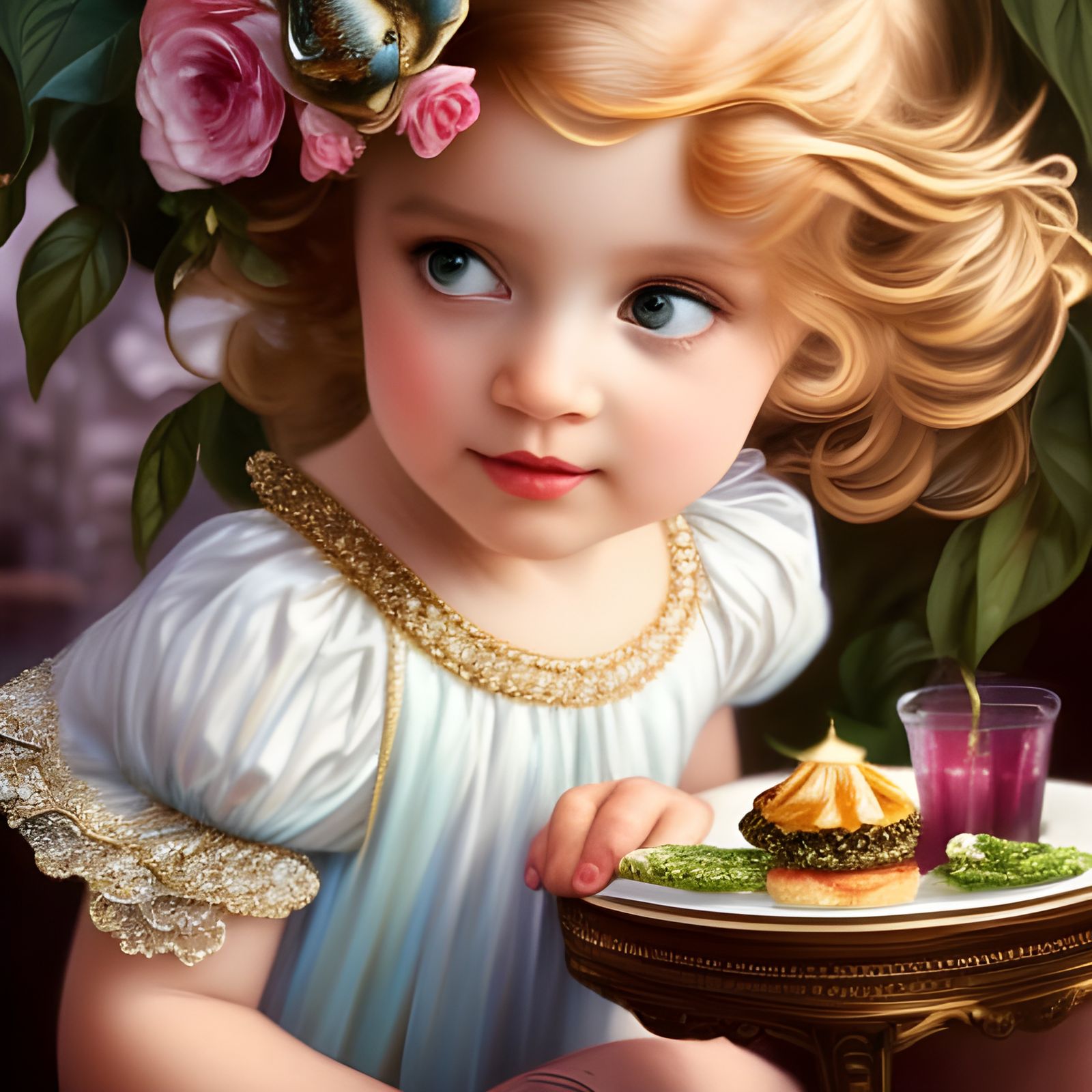 Adorable Girl in Cafe, Hyperdetailed Rococo Portrait