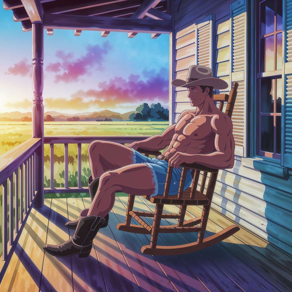 Cowboy in Rocking Chair, Watercolor Portrait