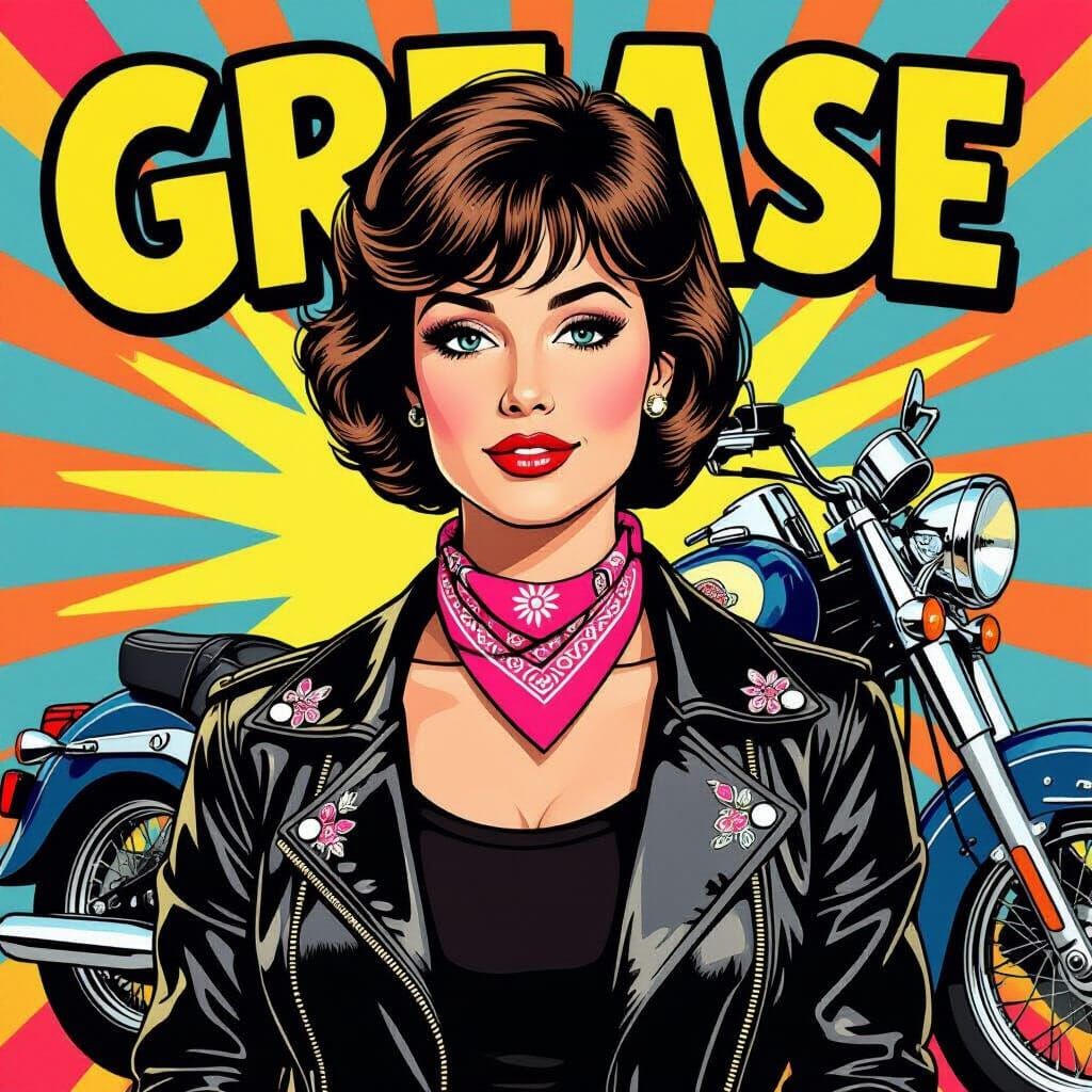 Pop Art Woman with Embroidered Jacket & Motorcycle