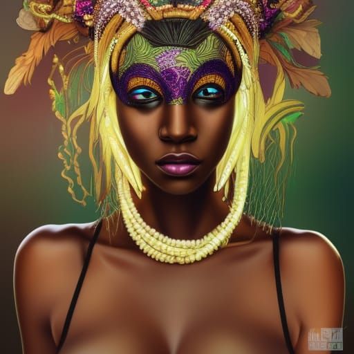 Black Woman in Mardi Gras Mask, Hyperdetailed Digital Art