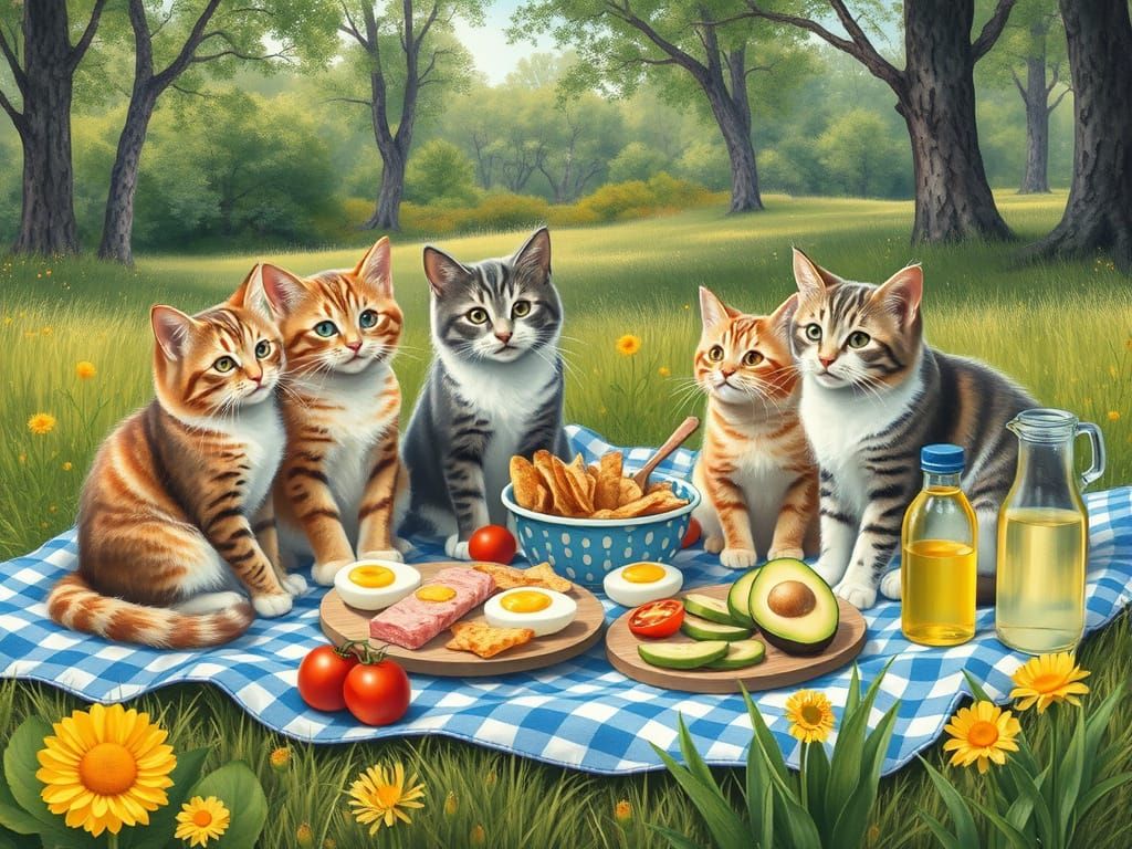 Whimsical Cats Enjoy a Delightful Picnic in a Lush Meadow