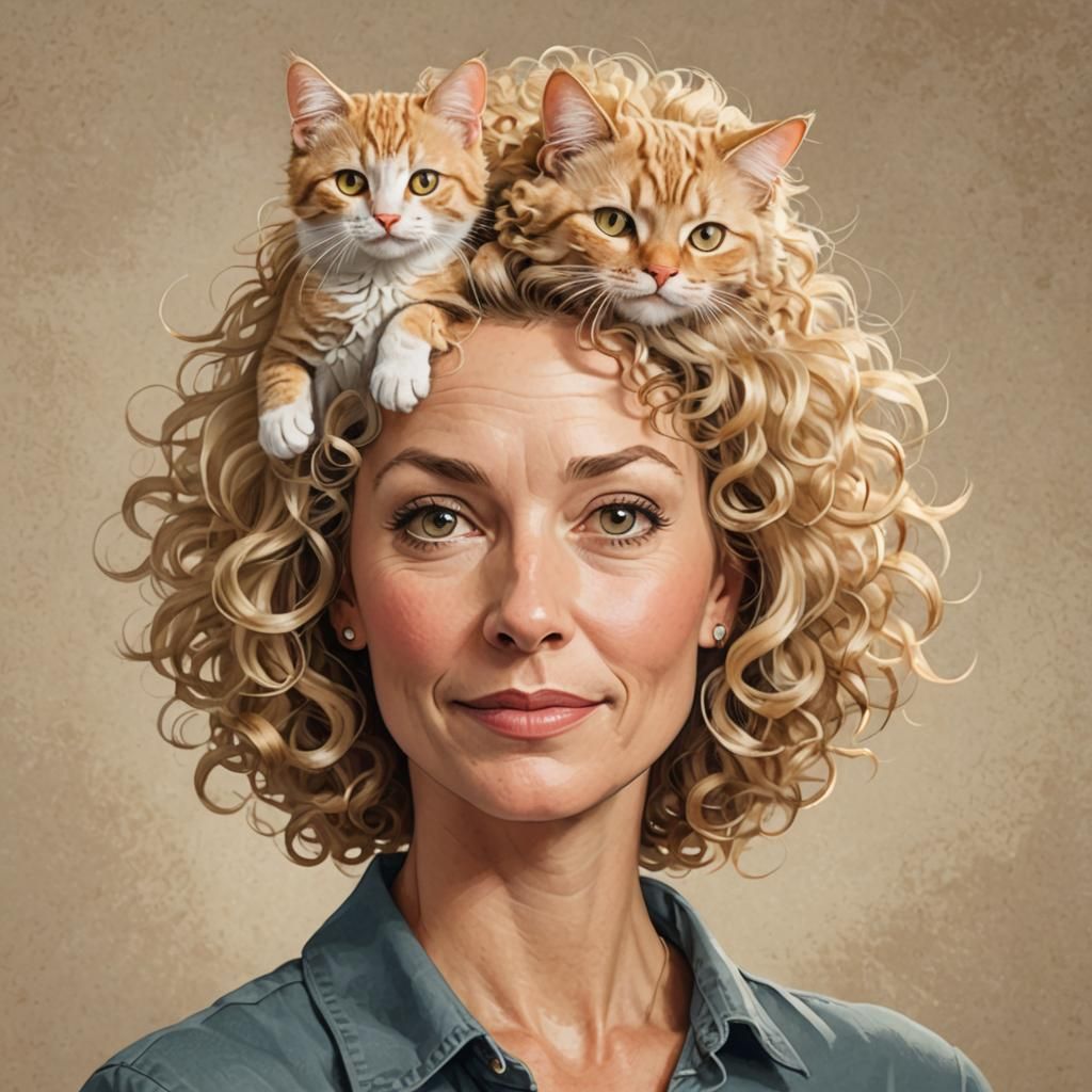 Cartoon Woman with Cat on Head