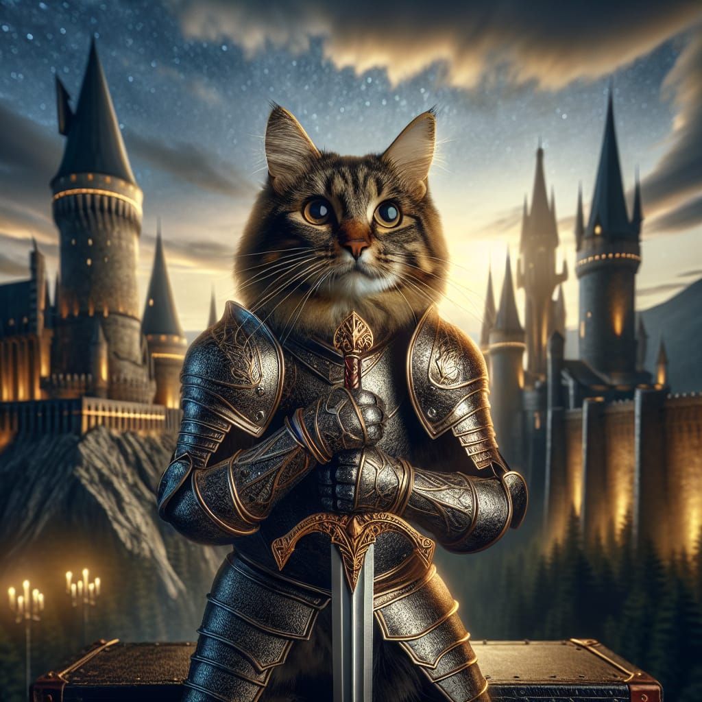 Armored Cat Knight in Enchanted Castle Scene
