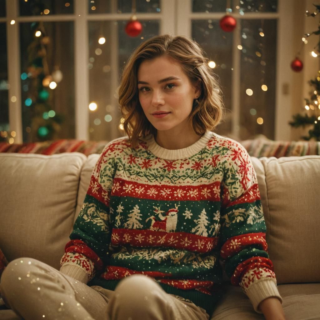 Warm Christmas Portrait with Festive Sweater and Snow