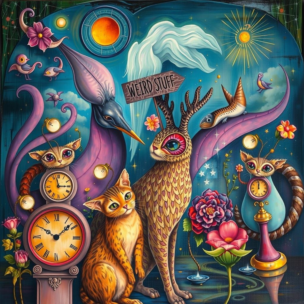 Surreal Cosmic Clock Animals Gather Around WEIRD STUFF Sign
