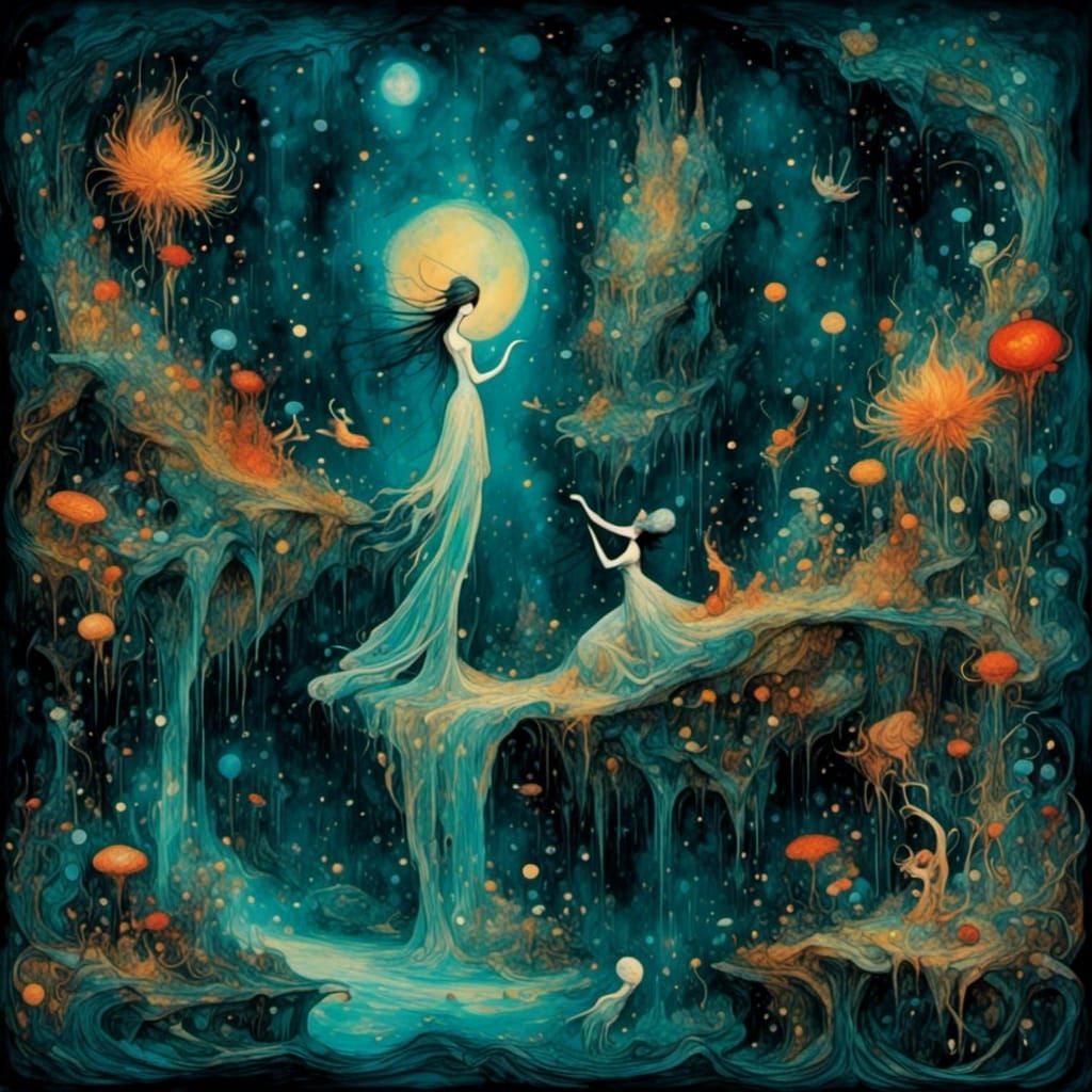 Celestial Dreamscape: Gothic Figure Reaching for Stars