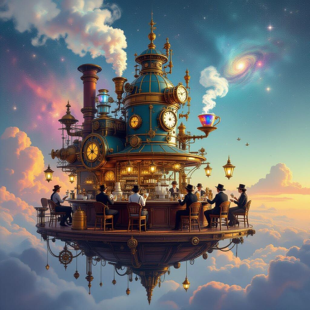 Steampunk Coffeehouse on Floating Island in Nebula