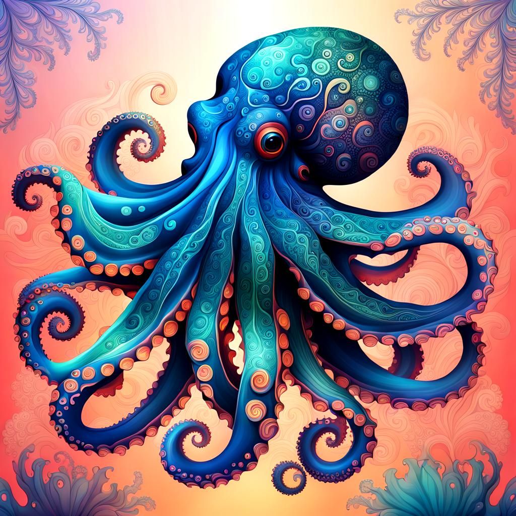 Iridescent Octopus with Fractal Designs and Coral Reef