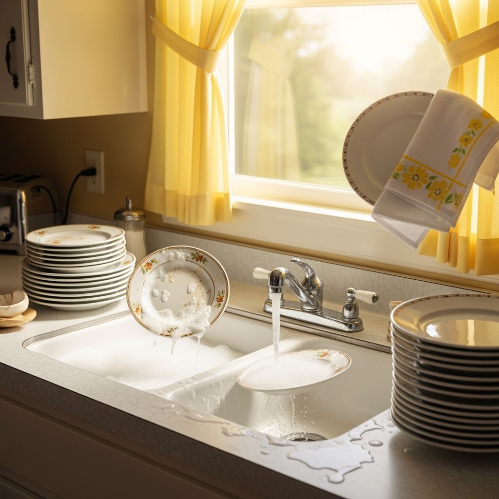 1950s Kitchen Scene with Sunny Window and Dishes