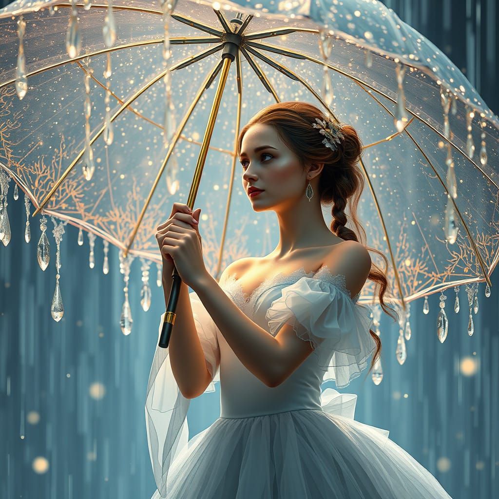 Ballerina Dances Under Crystal Rain