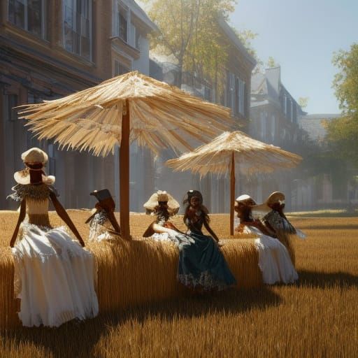 Scarecrows in Ball Gowns Enjoying Coffee