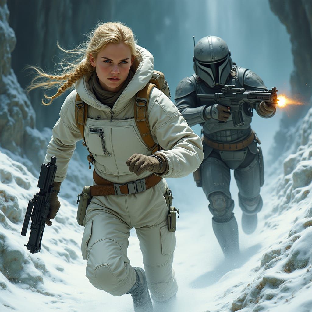 Woman with Blaster Runs in Ice Cavern, Hyper-Realistic Style