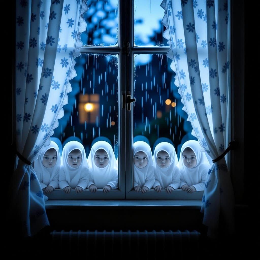 Cute Ghost Children Peeking Through Rainy Window